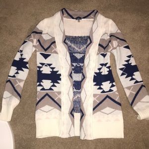 Cream, Tan, & Blue Aztec Printed Cardigan